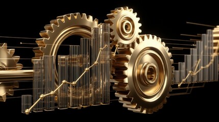 Golden Gears and Graphs Displaying Economic Growth with Abstract Elements and Data Visualization on a Black Background