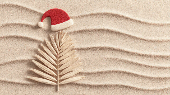 Tropical Christmas concept with palm leaf shaped like a tree and Santa hat on textured sand with wavy patterns, evoking warm holiday beach vibes.