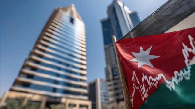 Majestic View of Jordanian Flag with Modern Skyscrapers in Background, Symbolizing National Pride and Urban Development in a Vibrant Cityscape