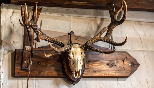 Mounted deer skull with antlers
