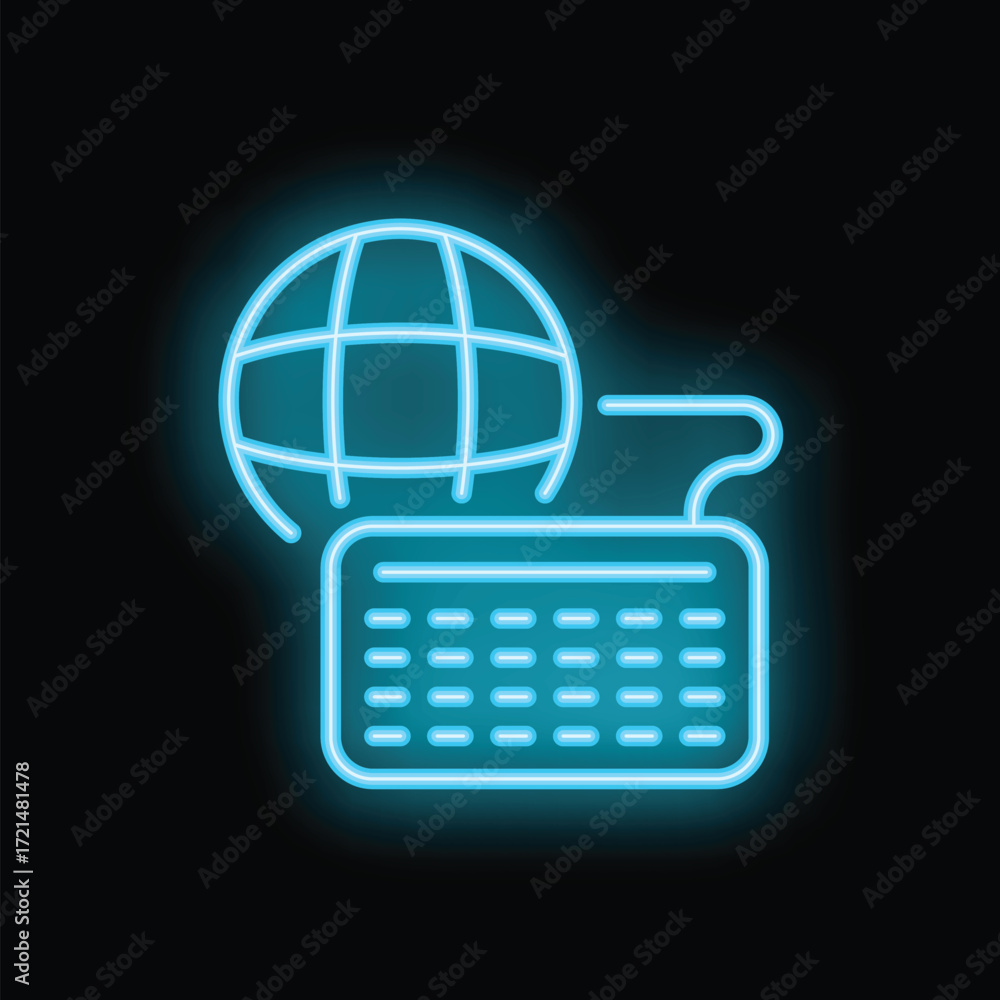 Poster neon icon of globe hovering over keyboard representing global communication