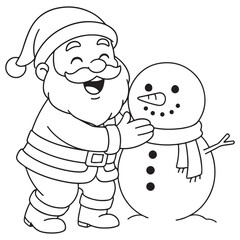 A black and white cartoon line art illustration of a smiling Santa Claus standing next to and touching a snowman. Perfect for Christmas coloring pages.