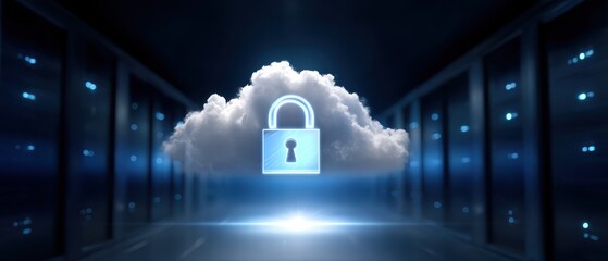 A digital cloud with a padlock symbolizes secure data storage and cloud computing in a futuristic environment.