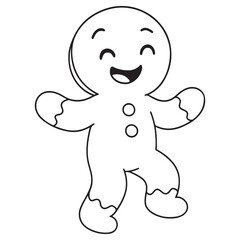 A black and white cartoon of a happy, cheerful gingerbread man dancing or walking, perfect for a Christmas coloring page.