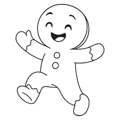 A black and white cartoon of a happy, jumping gingerbread man with a big smile, perfect for a Christmas coloring page.