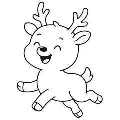 A black and white cartoon of a cute, happy baby reindeer running or leaping with a joyful expression, perfect for a coloring page.