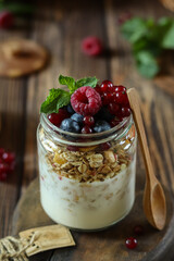 A mouthwatering yogurt parfait featuring multiple layers of creamy yogurt, crunchy granola, and vibrant fresh berries is beautifully arranged on a rustic wooden table.