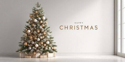 Elegant Christmas tree with gold and silver ornaments in minimalist living room. Christmas, New Year, festive holiday celebration. Elegant Christmas tree adorned with gold and silver baubles