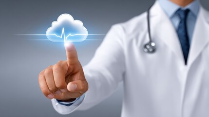 A healthcare professional interacts with a digital cloud interface, indicating a connection between medical data and technology.