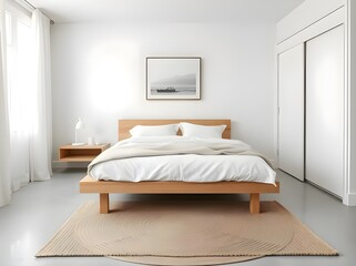 Minimalist Wooden Bed Frame with White Bedding in a Bright Bedroom Interior