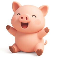 Fototapeta premium A cute 3D-rendered pink cartoon pig mascot sitting with its arms up, laughing and smiling with eyes closed in sheer happiness, isolated on white.