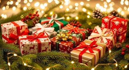 "Festive Christmas & New Year Background with Gifts and Pine Decorations"