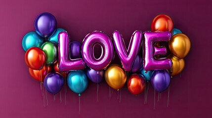Colorful Balloons Spelling Love Against a Purple Background