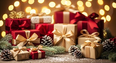 "Festive Christmas & New Year Background with Gifts and Pine Decorations"