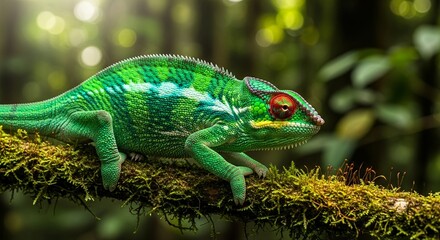 Obraz premium Vibrant chameleon resting on mossy branch in lush rainforest shows nature's amazing patterns and colors for wildlife conservation projects