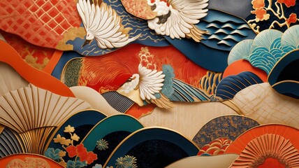 Elegant cranes amidst stylized ocean waves, a tapestry of Asian-inspired art