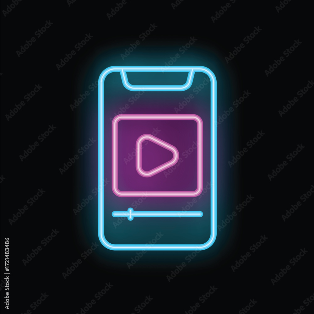 Aufkleber neon sign of a smartphone showing a video player interface with a play button on the screen