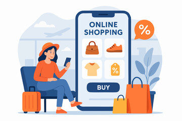  Woman enjoying online shopping with smartphone and bags.