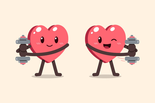 Cute cartoon heart characters lifting dumbbells and working out