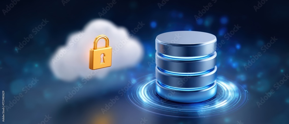 Poster a digital representation of cloud data storage featuring a secured database and a padlock symbol, em