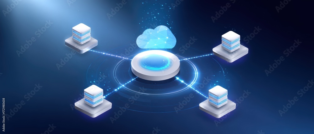 Aufkleber an abstract digital representation of cloud computing, featuring interconnected servers and a centra