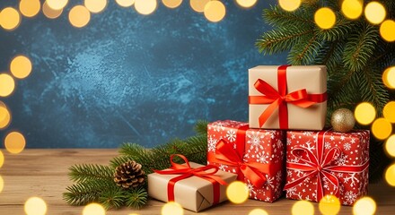 "Festive Christmas & New Year Background with Gifts and Pine Decorations"