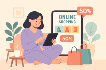 Flat illustration of a woman using tablet for online shopping with 50 percent discount offer on screen.