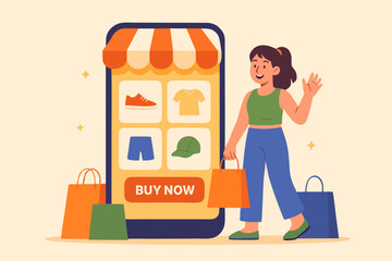 Flat illustration of a happy woman browsing products on online shop with big mobile screen and shopping bags.