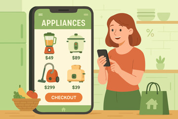 Illustration of a woman shopping online for home appliances using smartphone, browsing product prices in ecommerce app.
