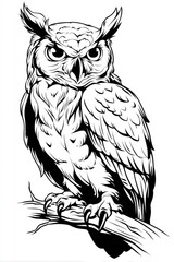 Detailed black and white illustration of an owl perched on a branch, showcasing intricate line work and a bold, vigilant expression.