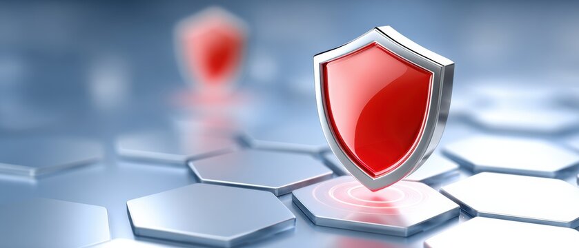 A sleek, digital shield icon stands on a hexagonal pattern, representing protection and security in a modern, technological environment.