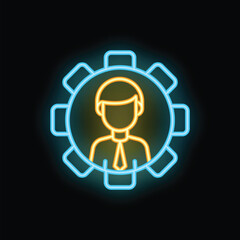 Neon sign showing the silhouette of a businessman inside a gear, representing concepts like human resources, recruitment and headhunting
