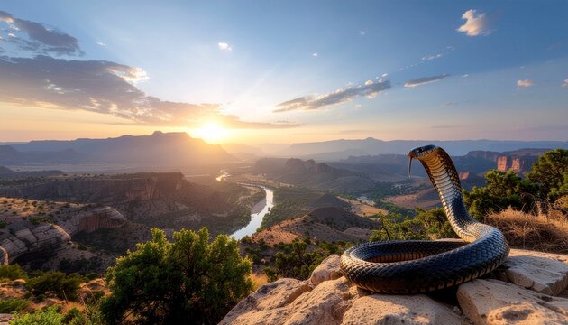 Majestic cobra snake overlooking dramatic canyon landscape with winding river during golden sunset hour