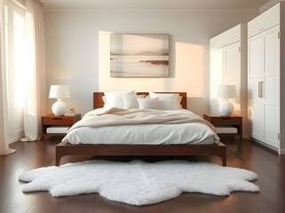 Bright and Airy Minimalist Bedroom Interior with Fur Rug Decoration