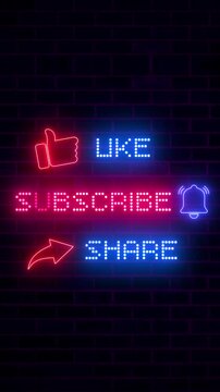 Subscribe Like Share Animation Neon with Glowing Icons on Brick Wall Background