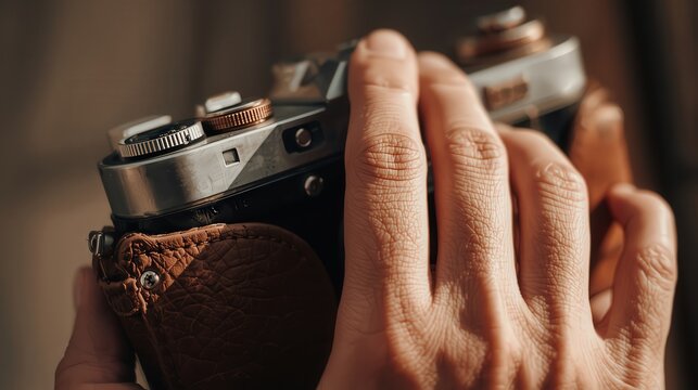 Close up of hands holding a vintage camera with metal dials and a brown leather case in soft lighting