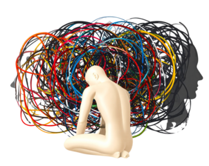 3D illustration of a young person surrounded by dark tangled lines symbolizing anxiety
