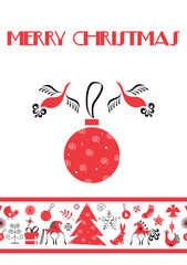 Christmas vector invitation card in folk art design. Christmas ball and birds on white background. Design illustration for cover, print, poster, wallpaper.