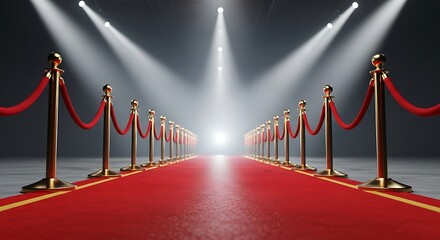 A long red carpet lined with velvet ropes and stanchions leads to a bright light, creating a sense of glamour and anticipation