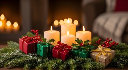 "Festive Christmas & New Year Background with Gifts and Pine Decorations"