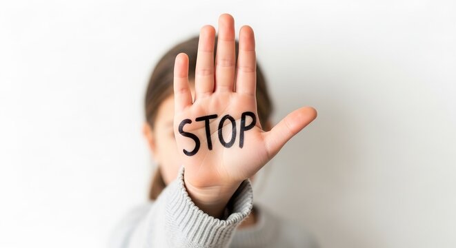 Stand Against Abuse: Young girl powerfully expressing STOP on hand, fighting for rights and speaking out against violence and injustice now