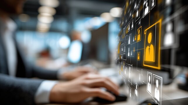 Mains tapant sur clavier avec interface numérique et icônes flottantes