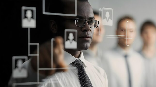 Homme d'affaires analysant des profils virtuels sur interface numérique