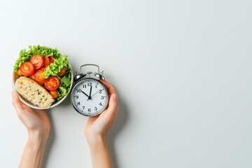 Person holding bowl of fresh salad with lettuce, cherry tomatoes, and bread in one hand and classic alarm clock showing 1155 in other hand, symbolizing healthy eating and time management