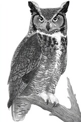 A detailed grayscale illustration of a great horned owl perched on a branch, showcasing meticulous feather detail and a focused gaze.