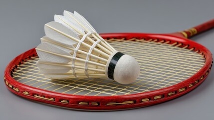 Close up view of a red badminton racket with a shuttlecock resting on it against a gray backdrop.