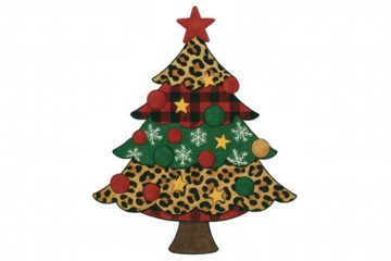 Christmas tree with leopard print and red plaid layers, decorated with ornaments and a red star, transparent background