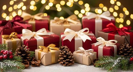 "Festive Christmas & New Year Background with Gifts and Pine Decorations"