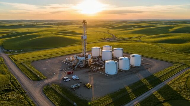 Aerial View of Oil Well and Storage Tanks on Rolling Green Hills at Sunset