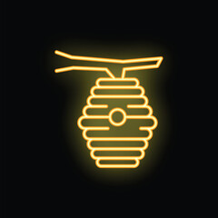 Bright yellow neon beehive hanging on a branch icon, glowing on a black background